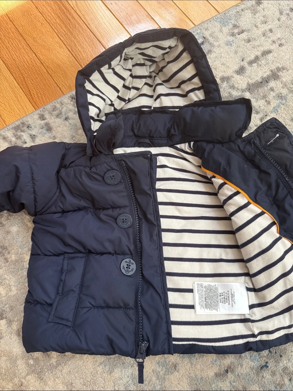 Baby GAP Navy Hooded Puffer Jacket with Striped Lining 6-12 months